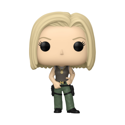 Figura Funko Pop loira com roupa preta e verde e botas pretas