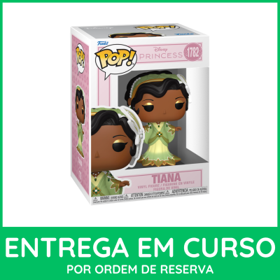 Funko Pop Disney Princess Tiana na embalagem com fundo branco e rosa