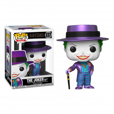 Figura Funko Pop do The Joker com fato e chapéu roxos ao lado da caixa do produto