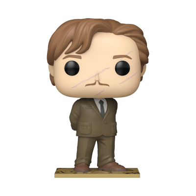 Figura coleccionável de vinil estilo Pop de um homem de fato castanho com cicatrizes no rosto.