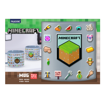 Caneca de cerâmica cinzenta com padrão de ícones pixelados Minecraft numa embalagem verde.