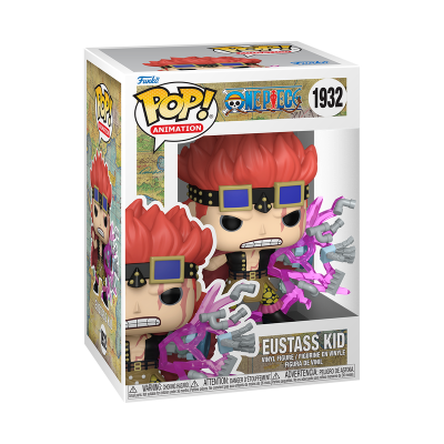 Funko Pop Eustass Kid One Piece vinil vermelho e azul com efeito eletrizante na caixa