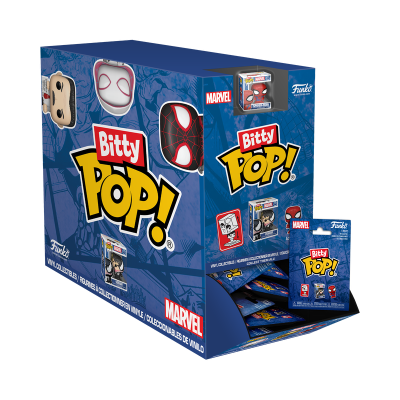 Caixa de coleção Marvel Bitty Pop! com personagens em estilo chibi e embalagens individuais