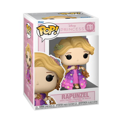 Funko Pop Rapunzel em embalagem rosa com texto e avisos