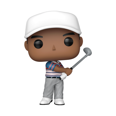 Figurinha colecionável estilo Funko Pop de jogador de golfe com chapéu branco e camisa listrada
