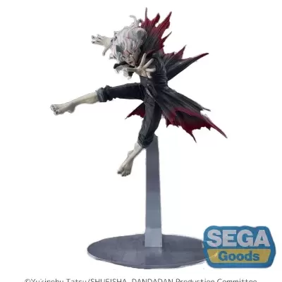 Figura colecionável personagem cabelo branco casaco preto vermelho pose ataque base cinzenta