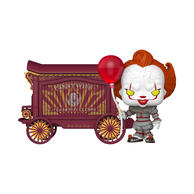 Figura Funko Pop do palhaço Pennywise com balão vermelho ao lado de um carrinho decorado em roxo e dourado.