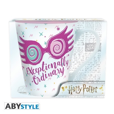 Caneca de porcelana branca Harry Potter com óculos coloridos e texto