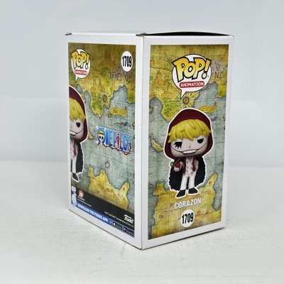 Caixa de brinquedo Funko Pop! com personagem Corazon e texto POP! ANIMATION e ONE PIECE