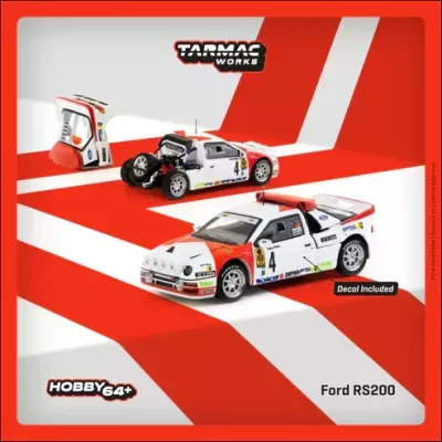 Miniatura de carro Ford RS200 decorado em fundo vermelho e branco