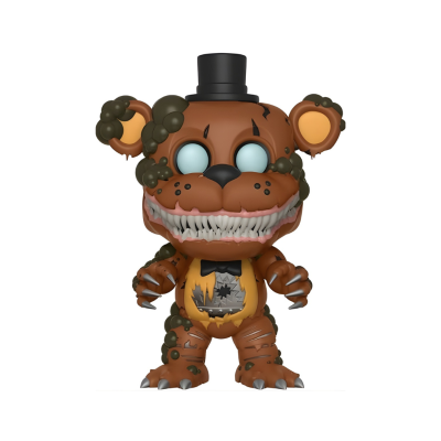 Boneco colecionável de urso robótico castanho com dentes afiados e chapéu preto