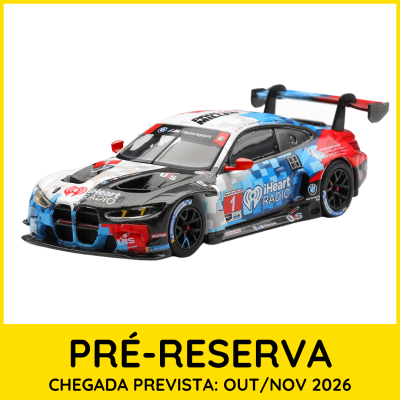 Modelo de carro de corrida BMW M4 GT3 com decoração colorida e logos de patrocinadores