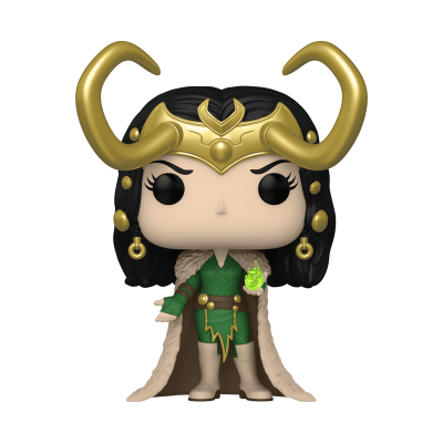 Funko Pop da personagem Loki com capacete dourado, traje verde e capa bege