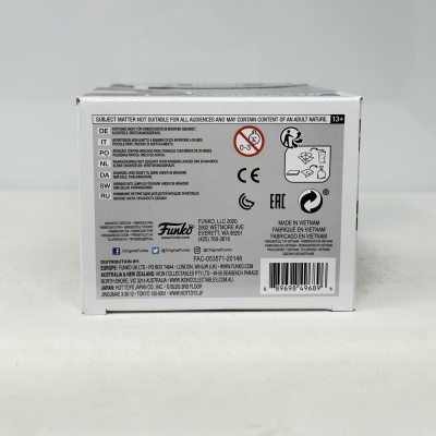 Parte traseira da embalagem branca de produto Funko com texto e códigos de barras