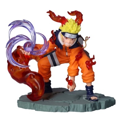 Figura de ação de personagem em fato laranja com detalhes translúcidos vermelhos e base cinzenta