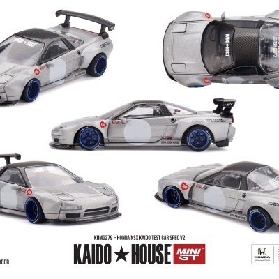 Miniatura de carro Honda NSX Kaido Test Car Spec V2 prata com detalhes em carbono e jantes azuis