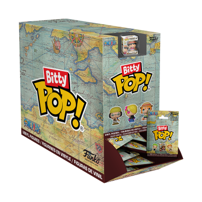 Caixa dispensadora de figuras vinil Bitty Pop! com padrão mapa antigo e personagens anime One Piece.
