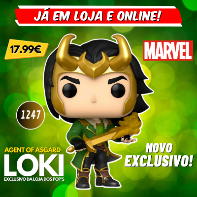 Figura Funko Pop de Loki da Marvel com armadura verde e dourada segurando cetro com efeito de fogo amarelo