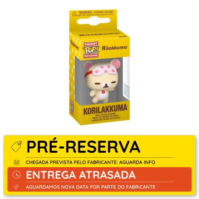 Figura chaveiro Korilakkuma Pocket Pop! em embalagem amarela com bolinhas brancas