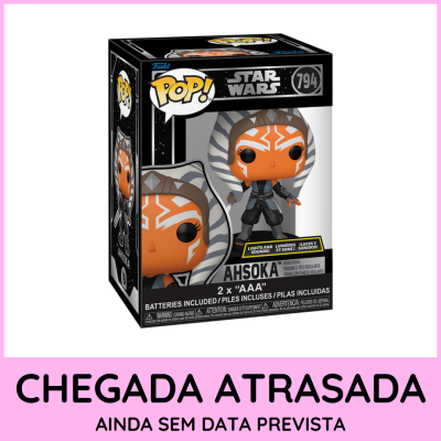 Figura Funko Pop! Star Wars Ahsoka na caixa preta com detalhes brancos e amarelos numa moldura rosa com aviso de chegada atrasada