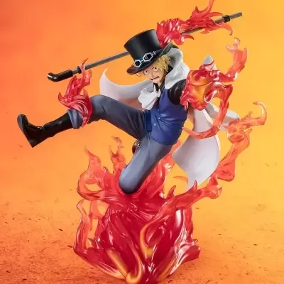 Figura de ação de personagem com chamas vermelhas em fundo laranja