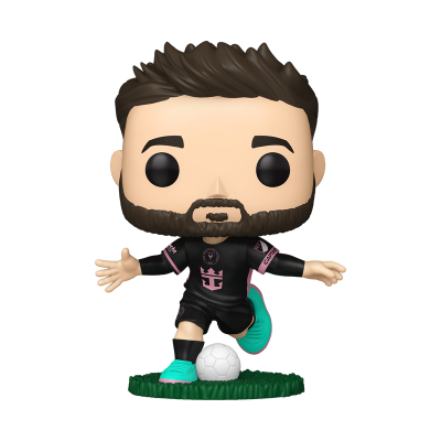 Figura Funko Pop jogador de futebol roupa preta chuteira verde água a chutar bola