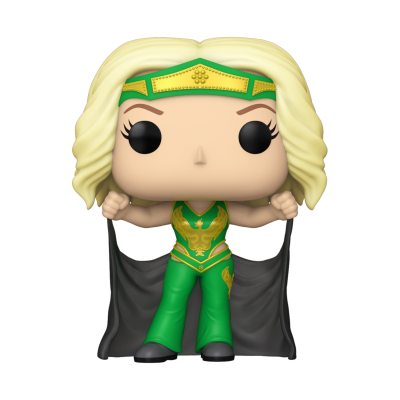 Figura Funko Pop de personagem feminina com roupa verde e capa preta