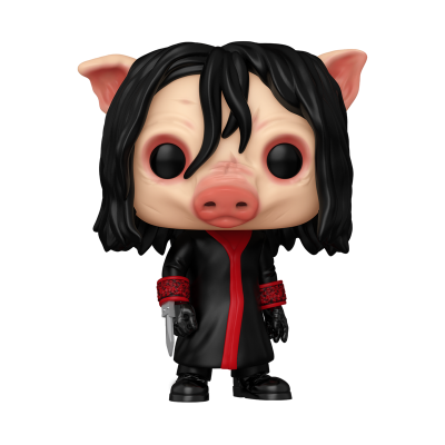 Figura colecionável tipo Funko Pop de personagem porco com cabelo preto e traje preto com vermelho