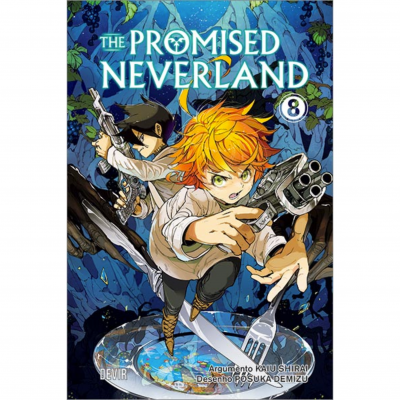 Capa do livro The Promised Neverland volume 8 com personagens desenhados e texto