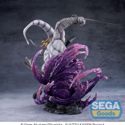 Figura colecionável de personagem branco musculoso com espada e ondulações roxas