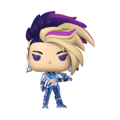 Funko Pop com cabelo roxo, bege e rosa e roupa azul metálica