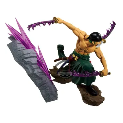 Figura colecionável masculina com três espadas roxas flamejantes em base de rochas