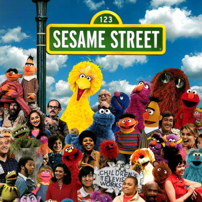 Cartaz colorido com personagens do Sesame Street e letreiro verde 123 SESAME STREET