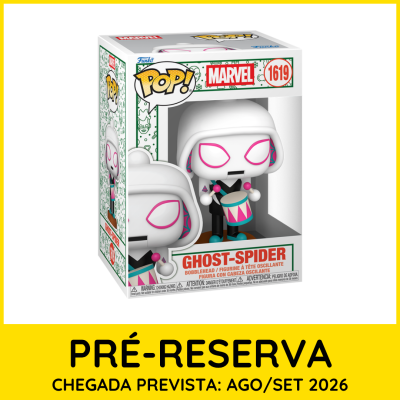 Funko Pop! Marvel Ghost-Spider número 1619 em embalagem com boneco branco e rosa segurando tambor