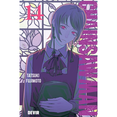 Capa do manga Chainsaw Man volume 14 com personagem azul com olhos rosa em fundo vitrificado