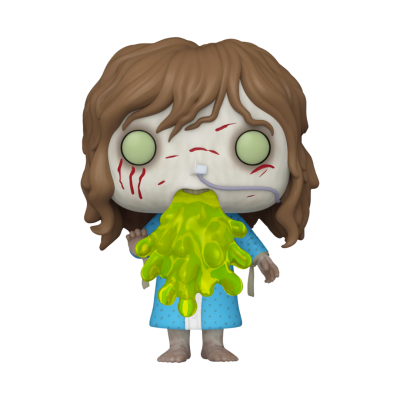 Figura colecionável Funko Pop de personagem de filme de terror com líquido verde vomitado.
