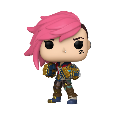 Figura Funko Pop de personagem com cabelo rosa e armadura
