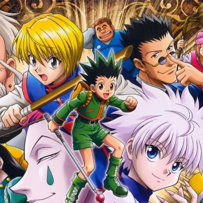 Personagens de anime variados em fundo dourado com logo HUNTER X HUNTER