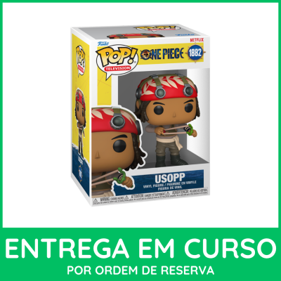 Funko Pop! Usopp do One Piece na embalagem com texto ENTREGA EM CURSO POR ORDEM DE RESERVA