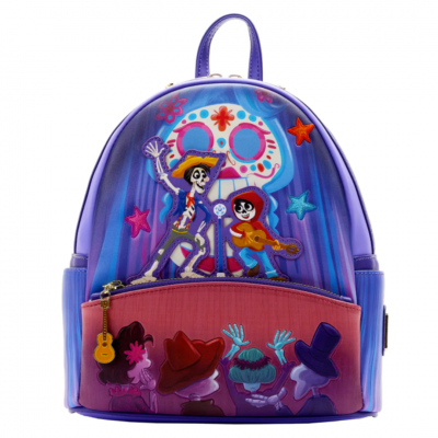 Mochila pequena roxa com personagens animados de esqueletos e caveira colorida