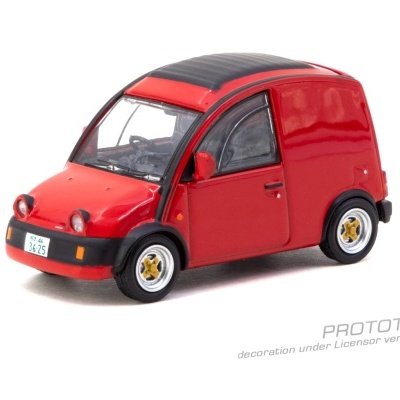 Miniatura de carro vermelho com teto preto, rodas prateadas e placa dianteira branca
