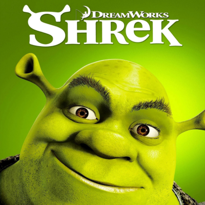 Rosto verde do personagem Shrek com texto DREAMWORKS SHREK