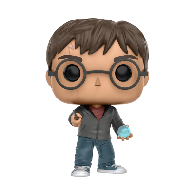 Figura Funko Pop com óculos, casaco cinza e esfera azul