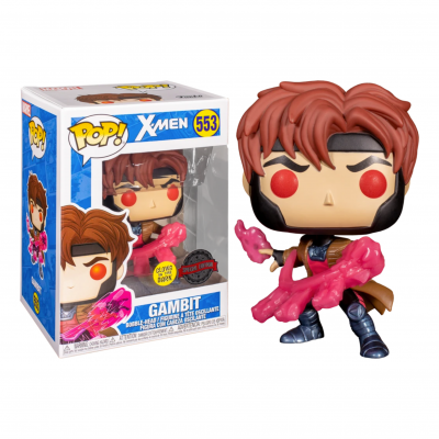 Figura Funko Pop! Gambit dos X-Men com luvas rosadas e caixa ao lado