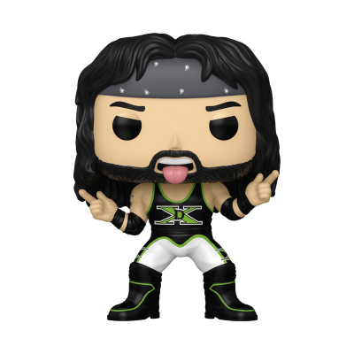 Figura Funko Pop de lutador com roupa preta, branca e verde, bandana cinza e cabelo preto