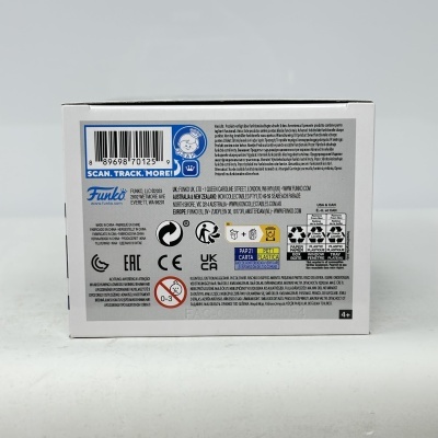 Parte traseira de uma embalagem branca com texto impresso em preto e azul contendo informações e símbolos de segurança.