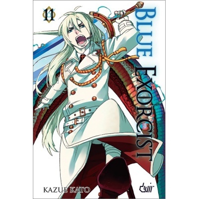 Capa do manga BLUE Exorcist com personagem vestindo uniforme branco e espada azul