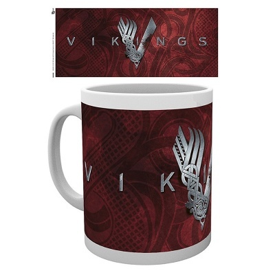 Caneca branca com design Vikings em fundo vermelho escuro