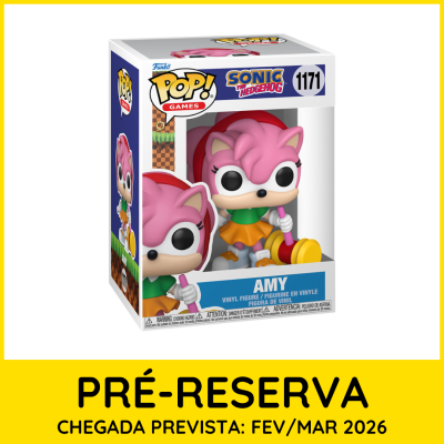 Caixa Funko Pop Amy rosa Sonic the Hedgehog com texto pré-reserva e chegada prevista
