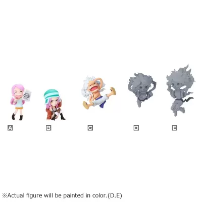 Cinco figuras de plástico em várias poses com etiquetas BANPRESTO, fundo branco.